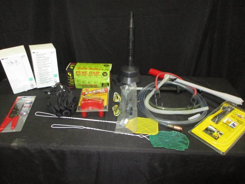 lot 127 image: 2 new unopened boxes of face masks and 1 of latex gloves, unbrella, fly swatter, football tee, new stripper and crimper, fluid transfer hose pump and more