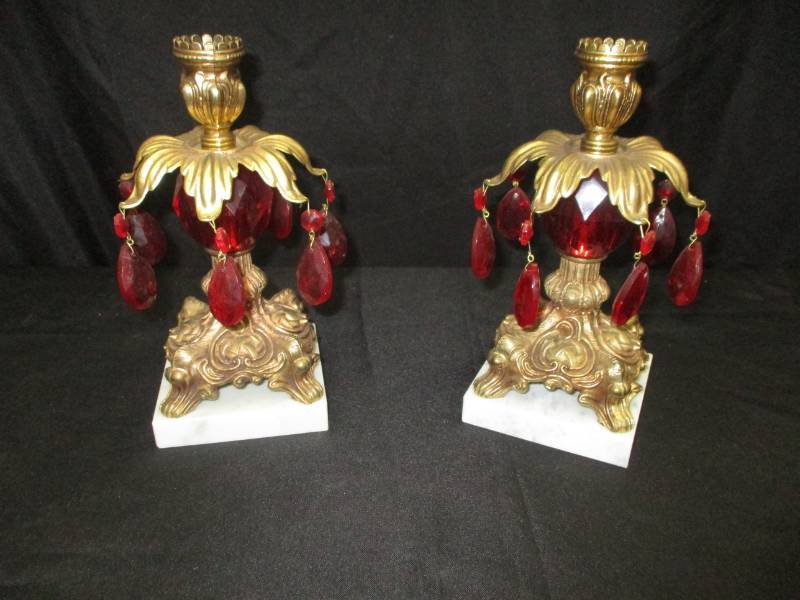 lot 151 image: Red Candle Holders with Gems and marble base