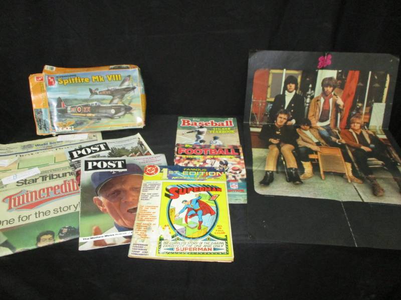 lot 196 image: Old Baseball Tops Collector Books, Old Star tribunes, Model Plane as is Poster of Moby Grape