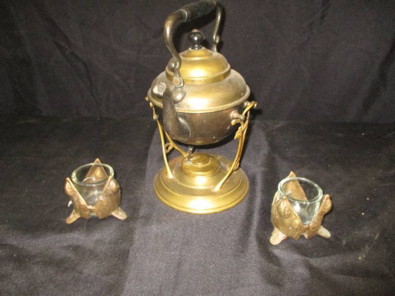 lot 217 image: Coffee Pots and Bird Candle Holders, I think its Brass or parts of it are