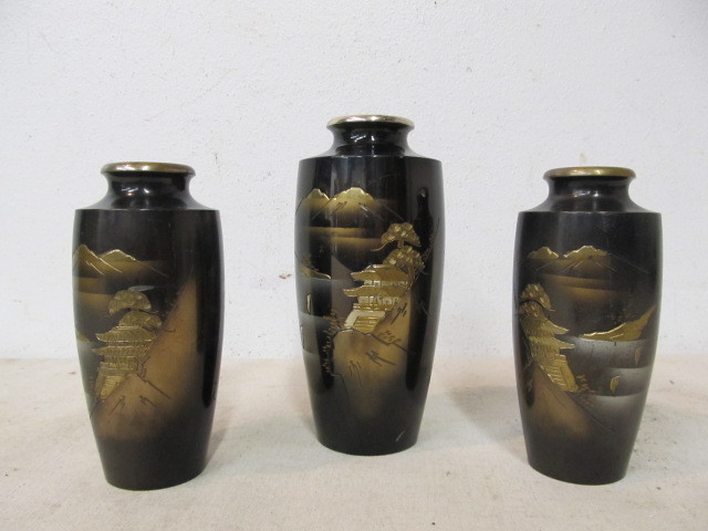 lot 10 image: Set of 3 Vintage Oriental Solid Brass Vases