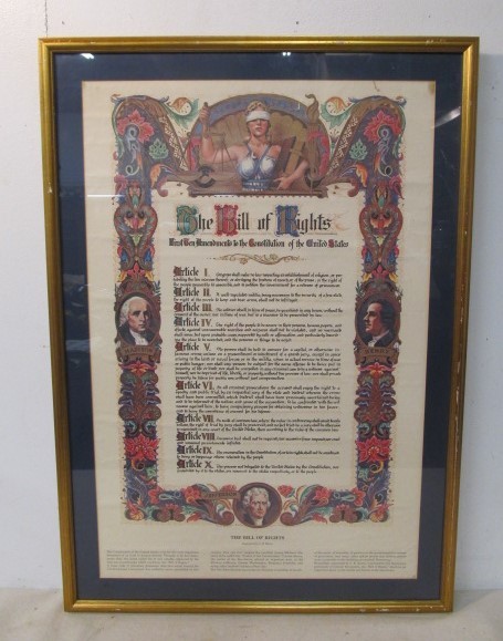 lot 82 image: LARGE Vintage 1970s Framed BILL OF RIGHTS
