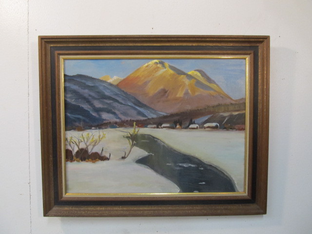 lot 129 image: Beautiful Sun glow Mountain Scene Original Oil Painting Signed
