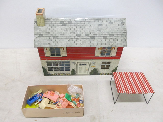 lot 91 image: Vintage Tin Litho MARX Toy Dollhouse wLots of Accessories & Furniture