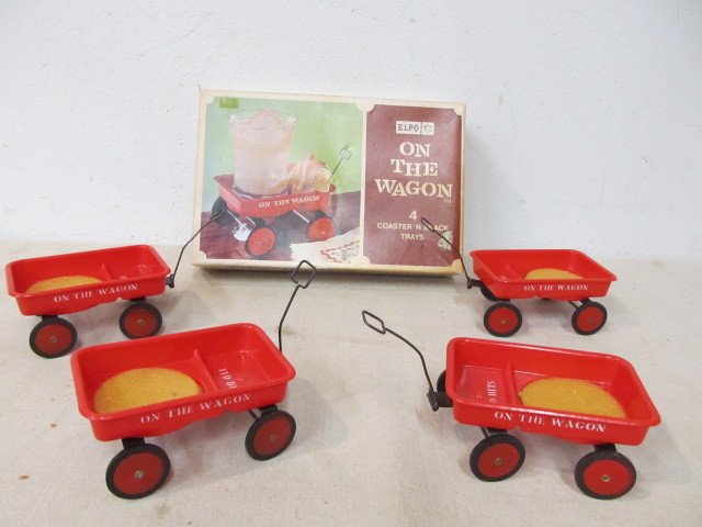 lot 165 image: NOS Mid Century ON THE WAGON Coaster Set