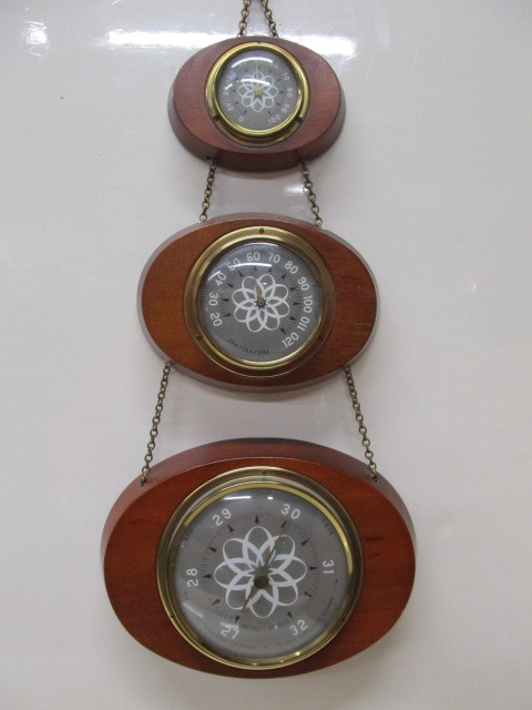 lot 228 image: Mid Century Brass & Rosewood 3-Section Hanging Barometer