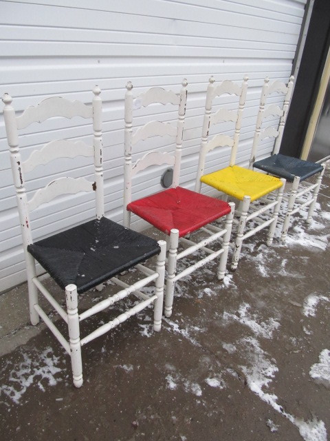 lot 96 image: Set of 4 Vintage Painted Multi-Color Ladder Back Wooden Chairs