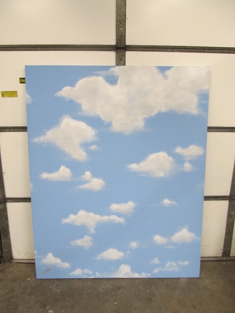 lot 89 image: HUGE Signed Cloudy Blue Sky Oil on Canvas Painting