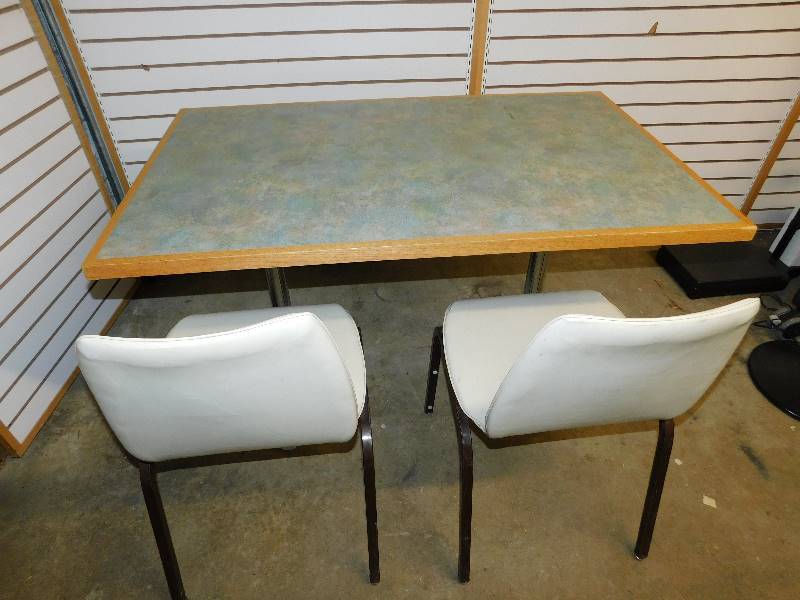 Table With Light Green Formica Top & Two Chairs