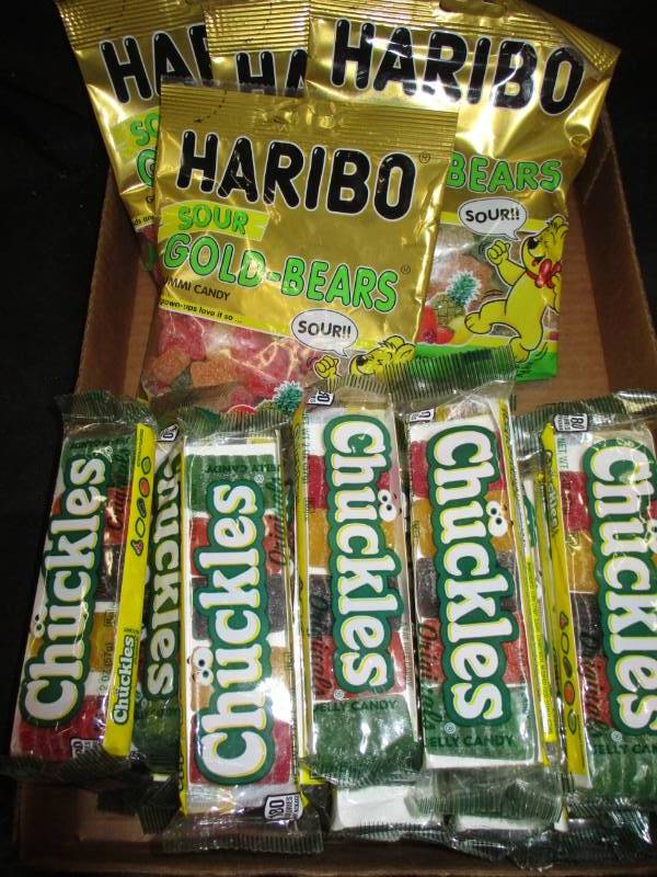 32 bears and gummy snacks and chuckles