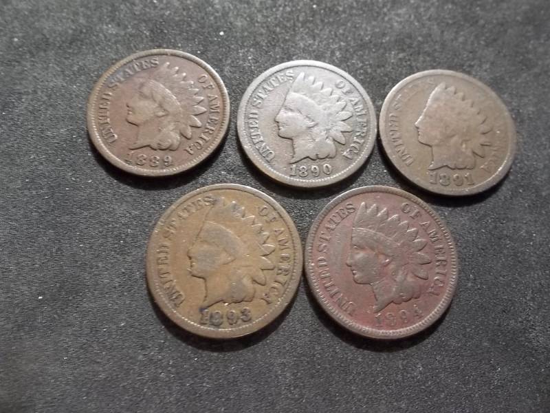 lot 209 image: 1889, 1890, 1891, 1893, 1894 Indian Head Cents