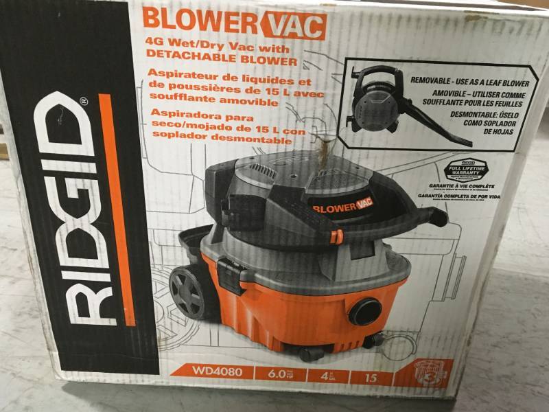 RIDGID 4 Gal. 6.0-Peak HP Wet Dry Vac with Detachable Blower  open box in like new condition
