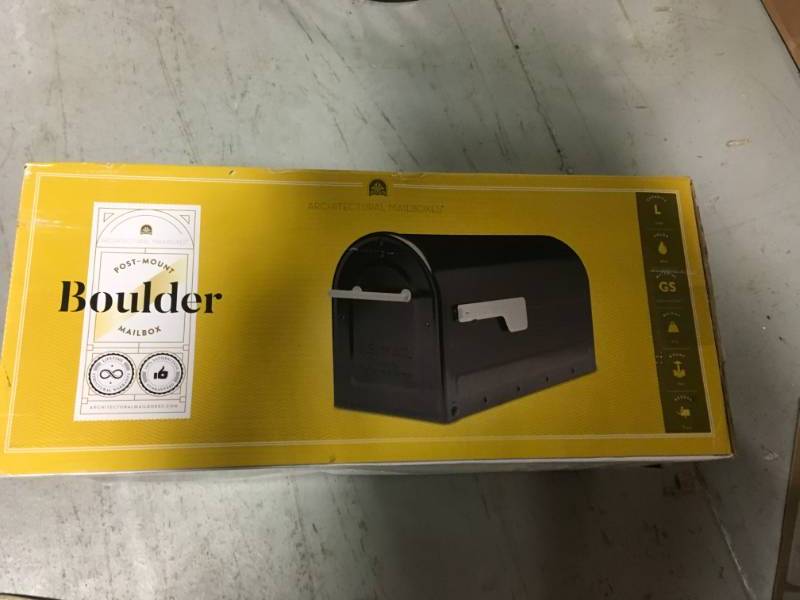 Architectural Mailboxes Boulder Post Mount Mailbox Black with Premium Silver Handle and Silver Flag  open box in like new condition