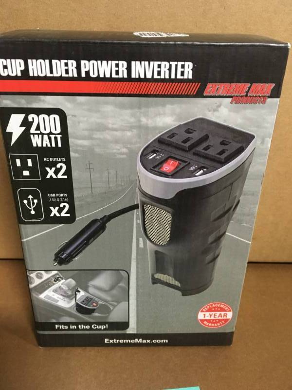 lot 1 image: Extreme Max 200-Watt Cup Holder Power Inverter open box in like new condition