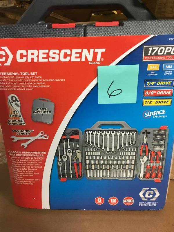 lot 6 image: Crescent 14 in., 38 in. and 12 in. Drive 6 and 12 Point SAEMetric Mechanics Tool Set (170-Piece) open box in like new condition