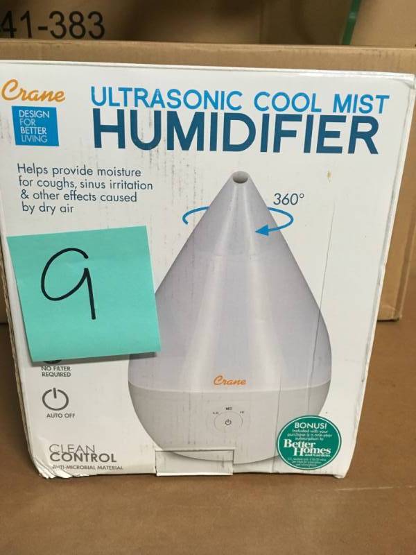 lot 9 image: Crane Droplet 0.5 Gal. Ultrasonic Cool Mist Humidifier - White open box in like new condition