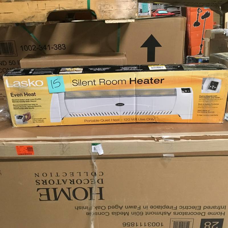 lot 15 image: Lasko 1,500-Watt Low Profile Silent Room Heater with Digital Display, White open box in like new condition