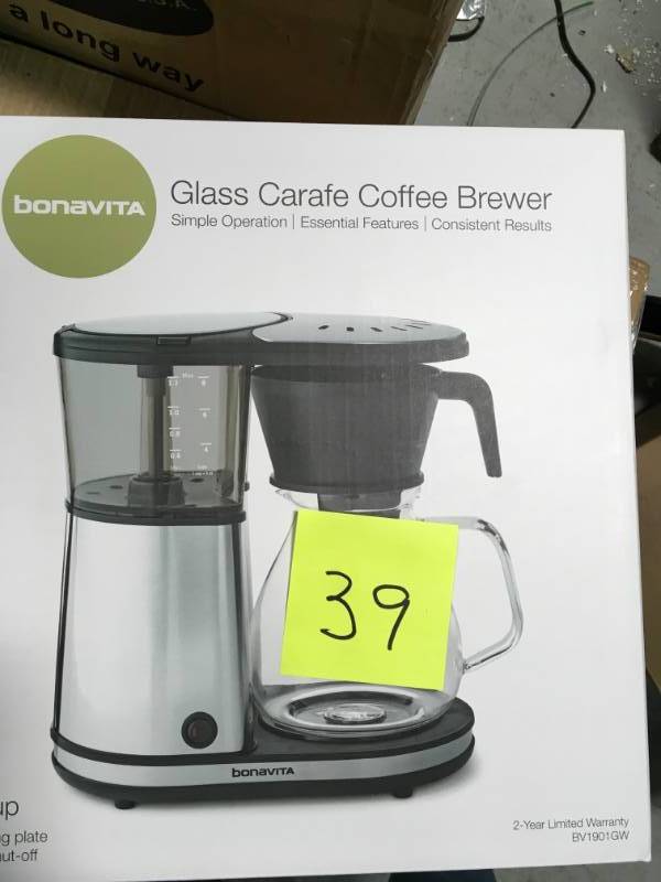 lot 39 image: Bonavita 8-Cup Glass Carafe Coffee Brewer with Hot Plate open box in like new condition