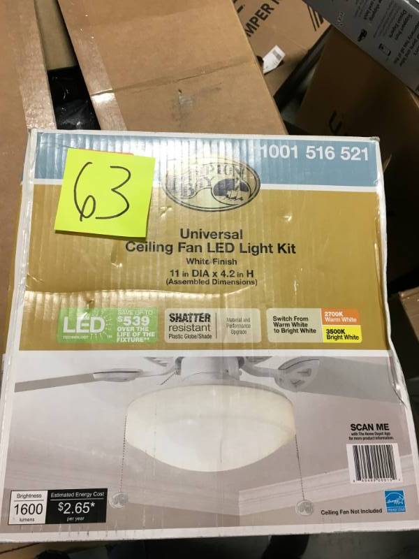 lot 63 image: Hampton Bay 11 in. Warm and Bright White Light Universal LED Ceiling Fan Light Kit open box in like new condition