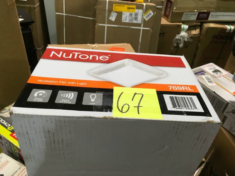 lot 67 image: NuTone 70 CFM Ceiling Bathroom Exhaust Fan with Light, White Grille and Light open box in like new condition