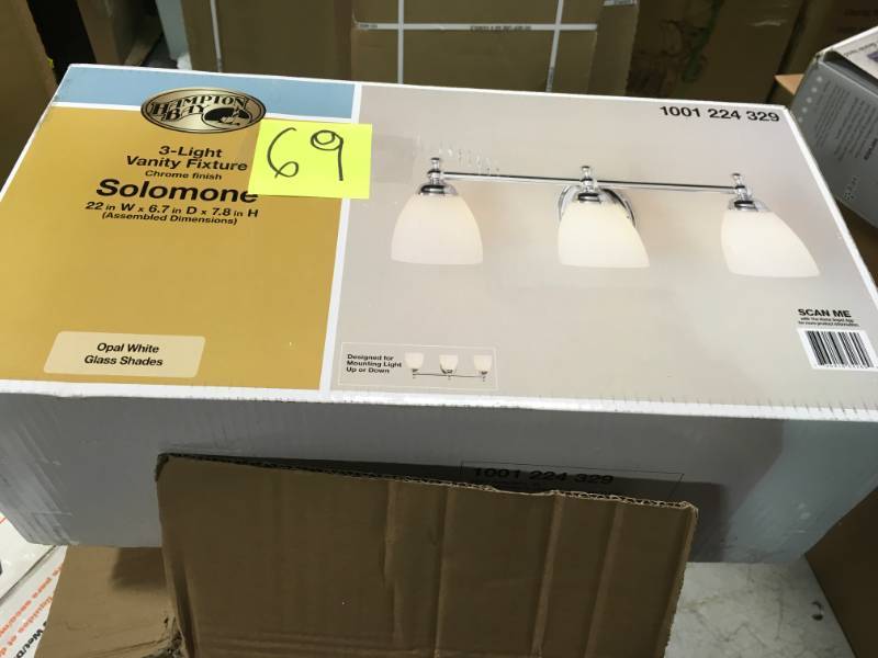lot 69 image: Hampton Bay Solomone 3-Light Polished Chrome Vanity Light with Opal Glass Shades open box in like new condition