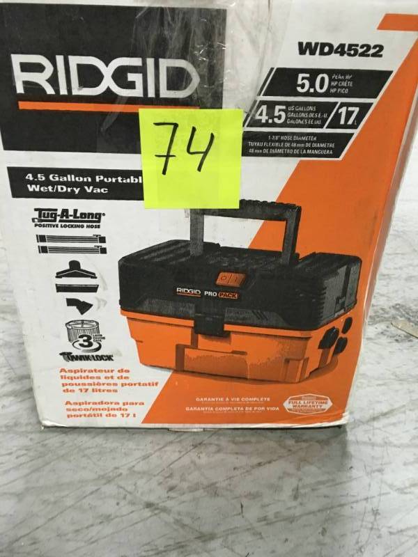 lot 74 image: RIDGID 4.5 gal. 5.0-Peak HP Pro Pack Wet Dry Vac USED in good working condition