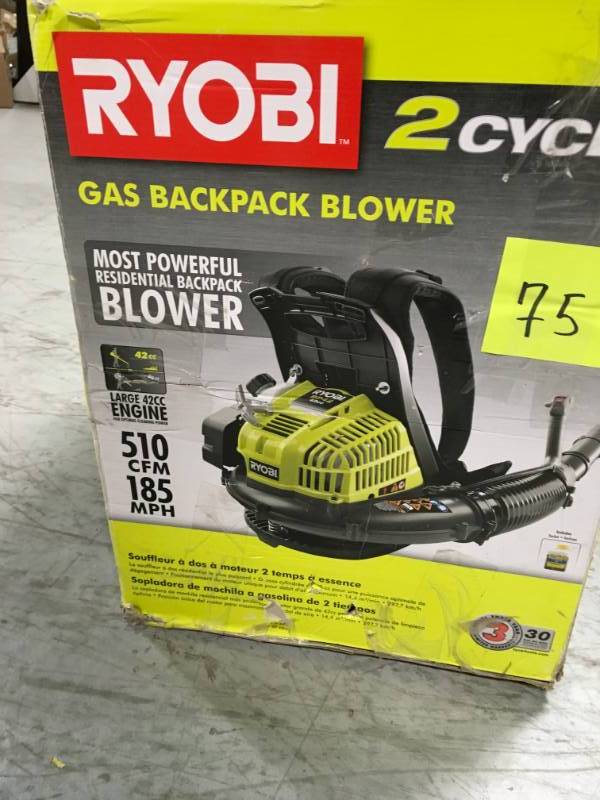 lot 75 image: Ryobi 185 MPH 510 CFM Gas Backpack Leaf Blower USED in good working condition