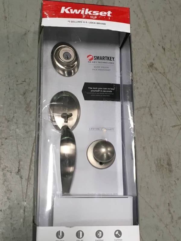 lot 87 image: Kwikset Dakota Satin Nickel Single Cylinder Door Handleset with Polo Knob Featuring SmartKey Security open box in like new condition