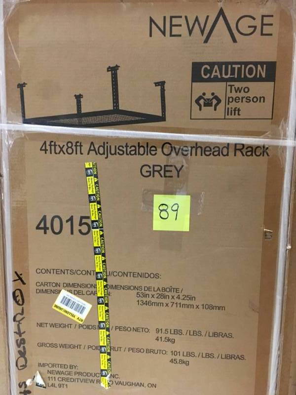 lot 89 image: NewAge Products Performance 96 in. L x 48 in. W x 42 in. H Adjustable VersaRac Ceiling Storage Rack in Gray not used