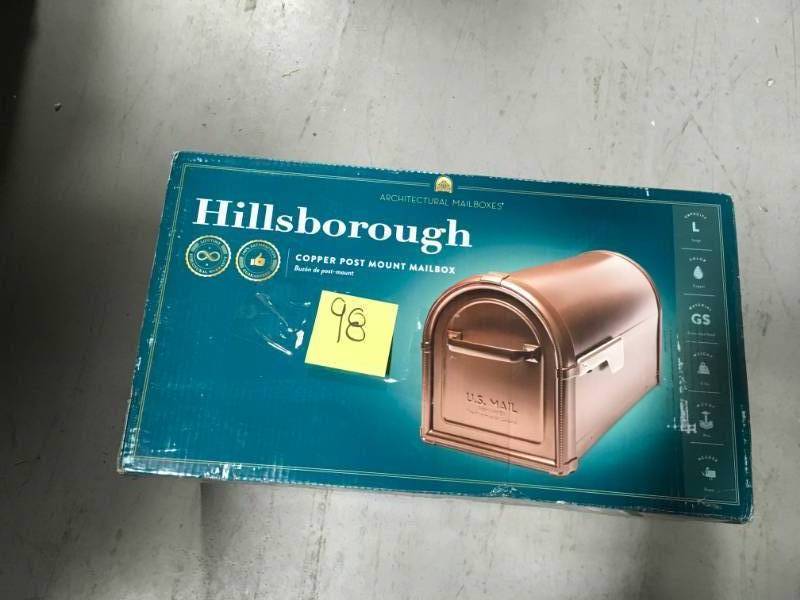 lot 98 image: Architectural Mailboxes Hillsborough Post Mount Mailbox Copper open box in like new condition