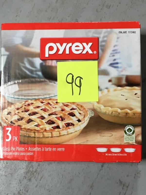 lot 99 image: Pyrex Glass 3 PK Pie Plates Set 9.5 x 1.5 Oven Microwave Freezer Safe open box in like new condition