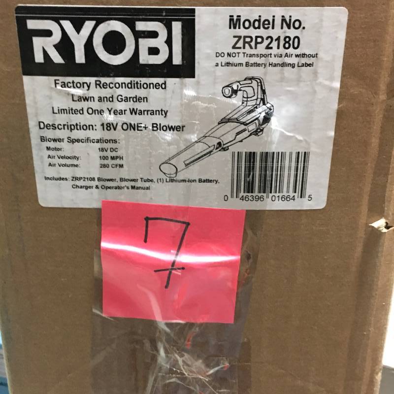 lot 7 image: Ryobi Reconditioned ONE 100 MPH 280 CFM 18-Volt Lithium-Ion Cordless Leaf Blower - 4.0 Ah Battery and Charger Included open box in like new condition