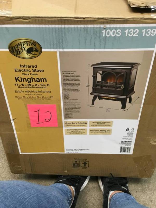 lot 12 image: Hampton Bay Kingham 1,000 sq. ft. Panoramic Infrared Electric Stove in Black with Electronic Thermostat open box in like new condition