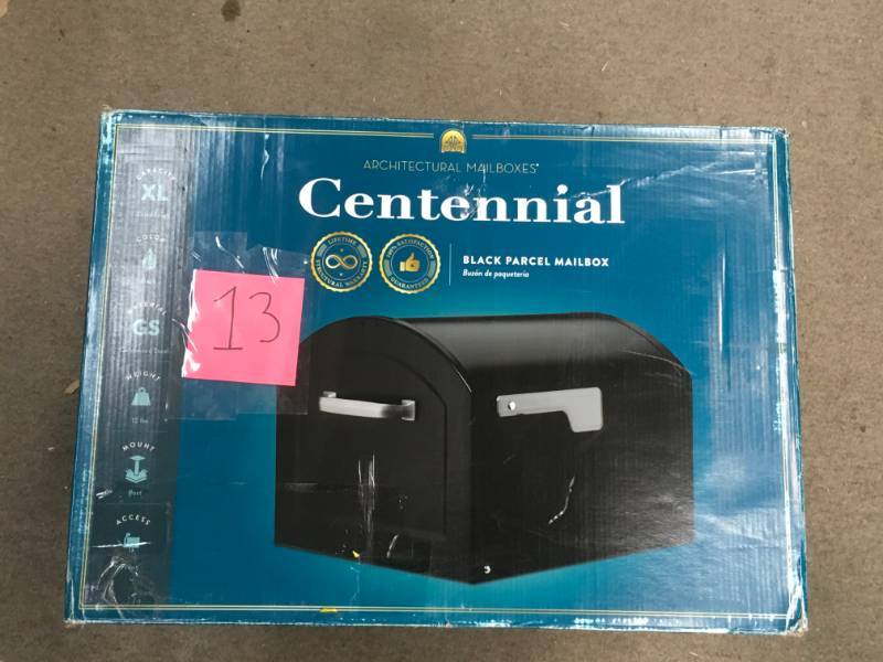 lot 13 image: Architectural Mailboxes Centennial Extra Large Capacity Post Mount Parcel Mailbox in Black with Premium Silver  open box in like new conditionHandle