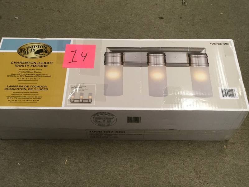 lot 14 image: 3-Light Brushed Nickel Wall Vanity Fixture open box in like new condition
