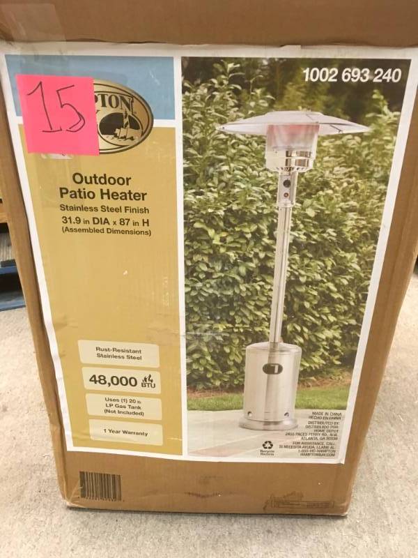 lot 15 image: Hampton Bay 48000 BTU Stainless Steel Patio Heater open box in like new condition