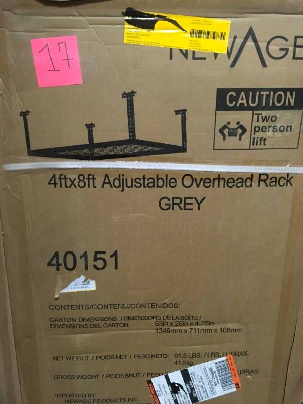 lot 17 image: NewAge Products Performance 96 in. L x 48 in. W x 42 in. H Adjustable VersaRac Ceiling Storage Rack in Gray open box in like new condition