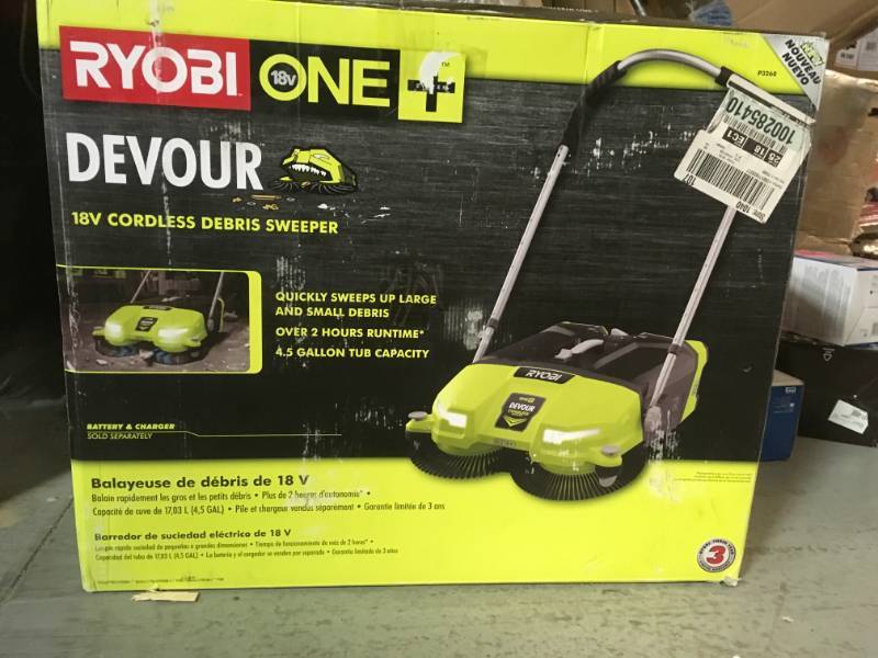 lot 28 image: Ryobi 18-Volt ONE 4.5 Gal. DEVOUR Debris Sweeper (Tool-Only) open box in like new condition