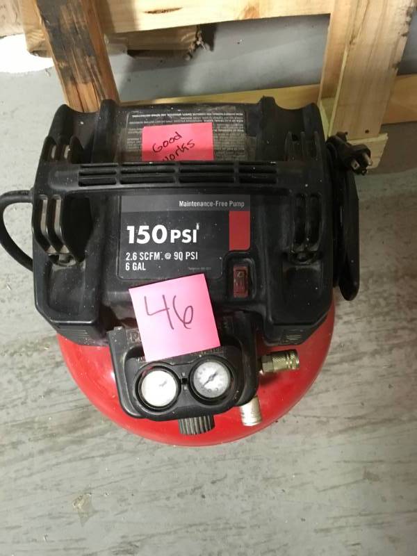lot 46 image: Porter-Cable 6 Gal. 150 PSI Portable Electric Pancake Air Compressor USED works well