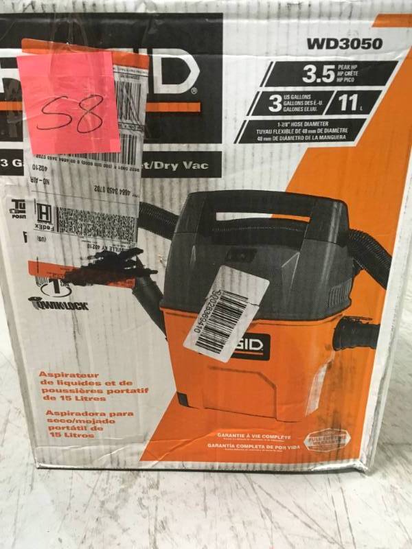 lot 58 image: RIDGID 3 Gal. 3.5-Peak HP Portable Pro WetDry Vacuum in good working condition