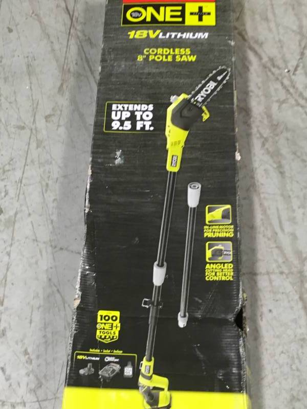 lot 60 image: Ryobi ONE 8 in. 18-Volt Lithium-Ion Cordless Pole Saw 1.3 Ah Battery and Charger Included open box in like new condition