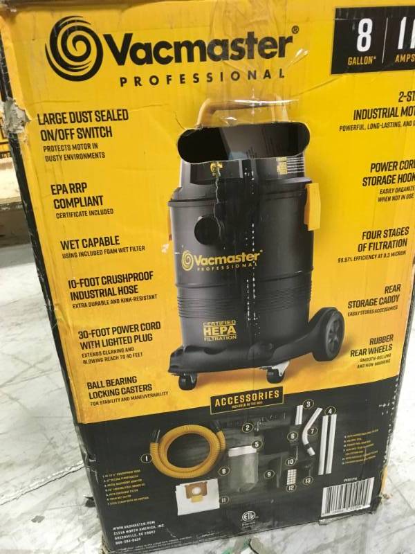lot 64 image: Vacmaster 8 gal. HEPA Industrial WetDry Vac with 2-Stage Motor open box in like new condition