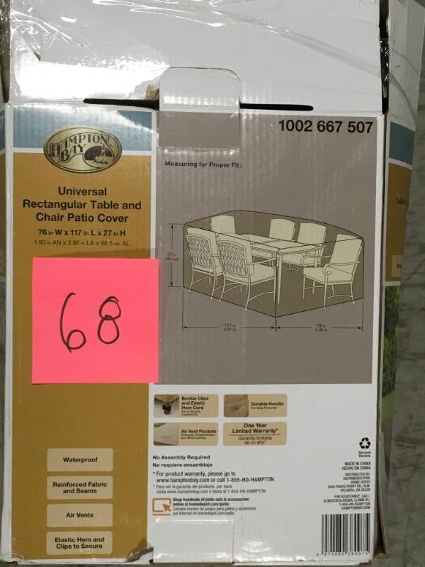 lot 68 image: Hampton Bay Patio Rectangular Table with Chair Cover not used
