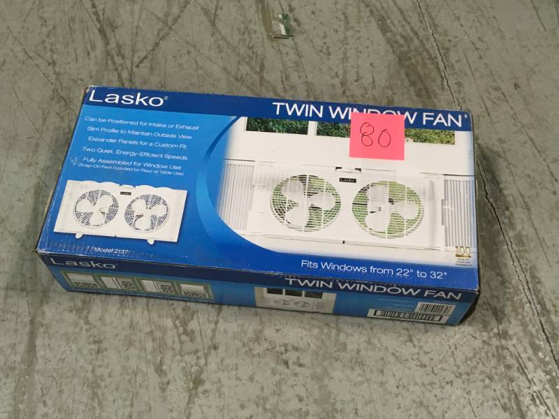 lot 80 image: Lasko 7 in. Twin Window Fan open box in like new condition