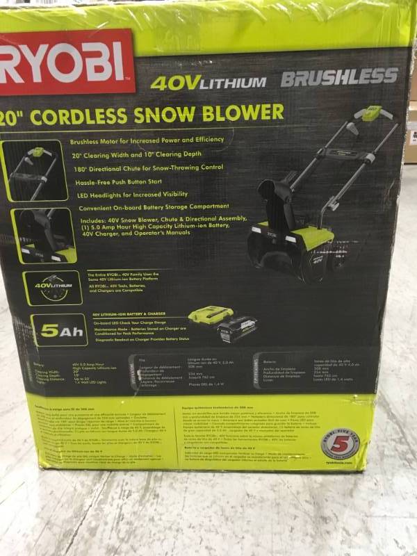 lot 81 image: Ryobi 20 in. 40-Volt Brushless Cordless Electric Snow Blower with 5.0 Ah Battery and Charger Included open box in like new condition