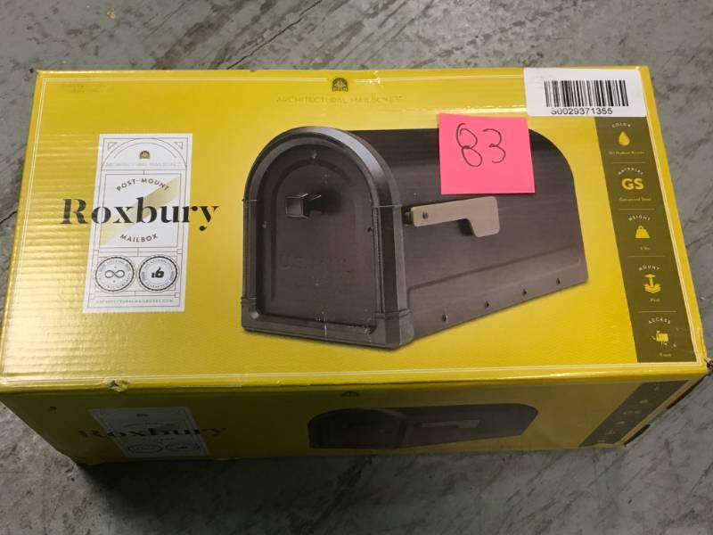 lot 83 image: Architectural Mailboxes Roxbury Post Mount Mailbox Rubbed Bronze with Premium Cast Aluminum Knob and Champagne Flag open box in like new condition