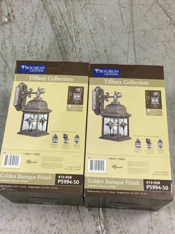 lot 97 image: Progress Lighting P5994-50 1-Light Wall Bracket with Water Patterned Glass and Faux Tiffany Art Glass Accents, Golden Baroque LOT OF 2 not used