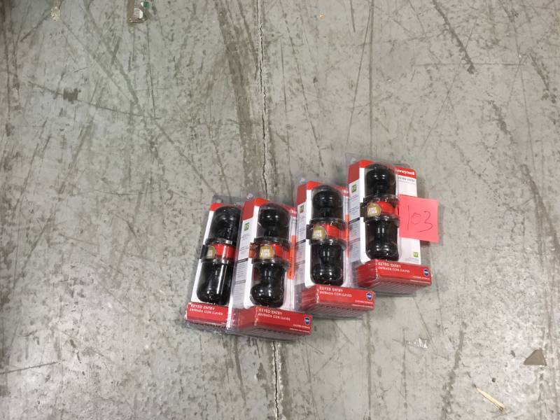 lot 103 image: Honeywell 8101401 Classic Entry Door Knob, Oil Rubbed Bronze LOT OF 4 not usedA62A96A70A104A50A104A38A104A96A2A104