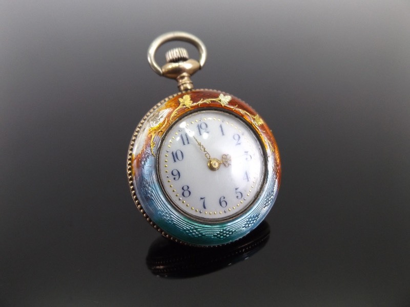 .925 Sterling Silver Swiss Enamel&nbspGuilloche Porcelain Face Pocket Watch