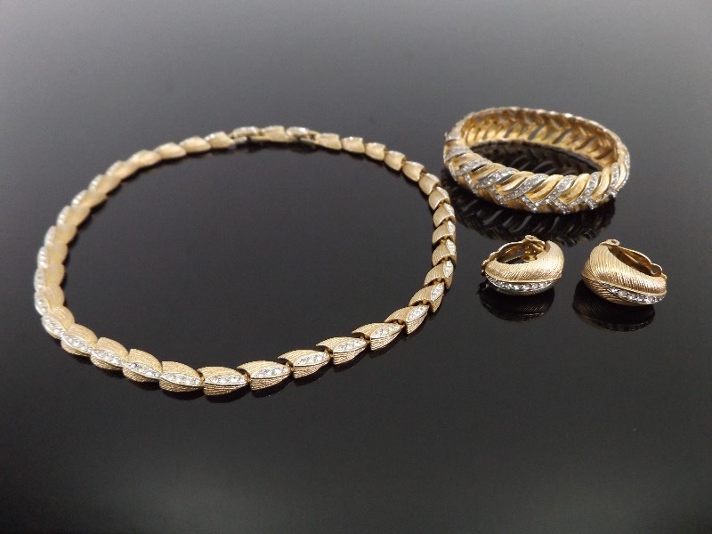 Vintage Kramer Gold and Crystal Necklace, Bracelet, and Earring Set